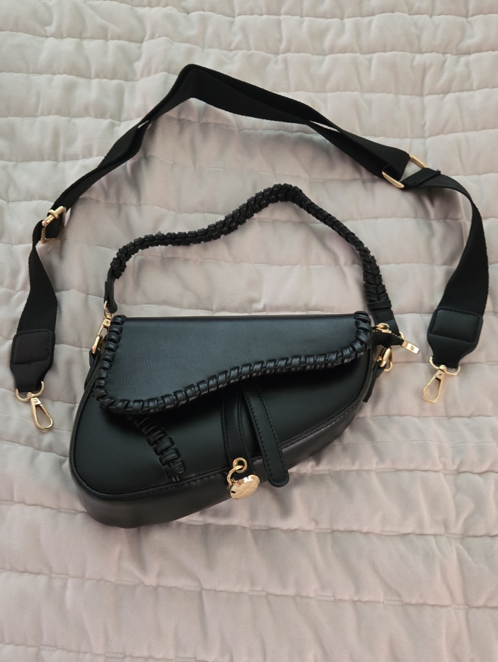 Trendy boutique Black Braided-Trim Saddle Crossbody Bag